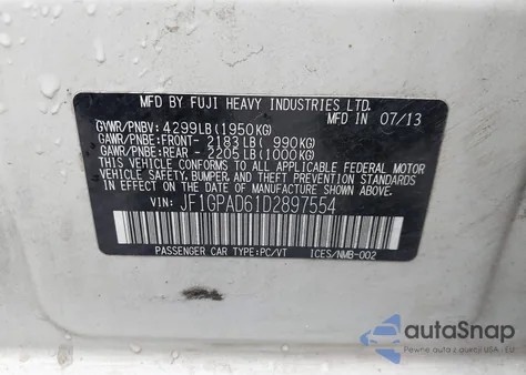 2013 Subaru Impreza 2.0I Premium from USA, damaged, VIN JF1GPAD61D2897554